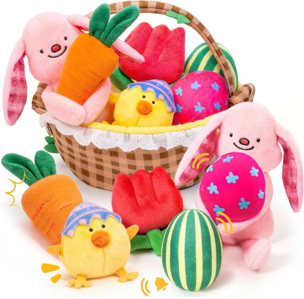 JoyCat Baby Easter Basket, Easter Gifts for Baby Girl Boys Toddlers Kids, 6 PCS Plush Sensory Playset with Bunny Chick Egg Carrot Tulip Toys, Rattle, Squeaker & Crinkle Plush Toys, Easter Egg Hunt