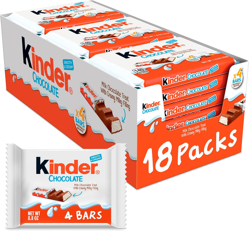 Kinder Chocolate, 18 Four Count Packs, Milk Chocolate Bar with Creamy Milky Filling, Individually Wrapped Candy, 1.8 oz Each