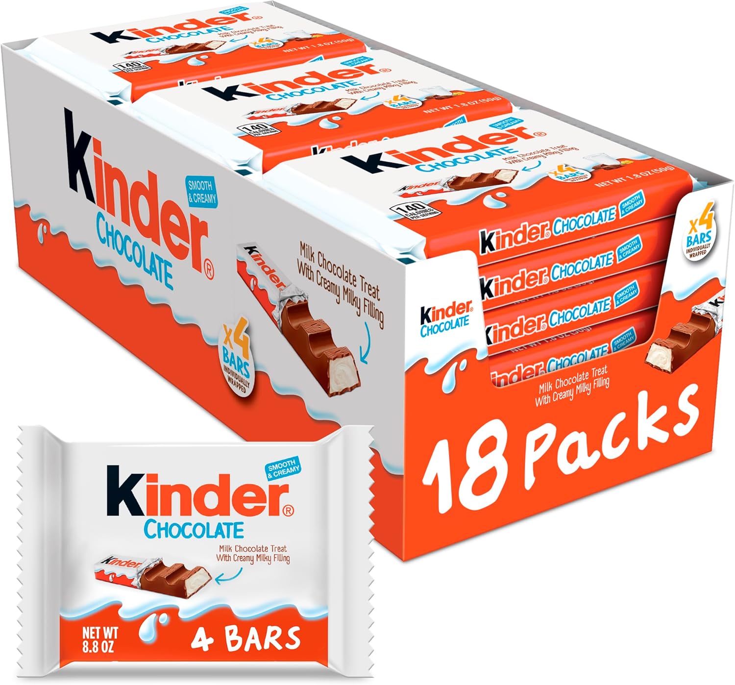 Kinder Chocolate, 18 Four Count Packs, Milk Chocolate Bar with Creamy Milky Filling, Individually Wrapped Candy, 1.8 oz Each