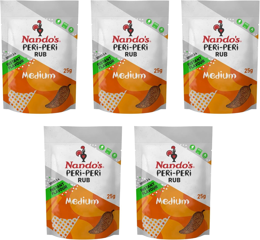 Nando's PERi-PERi Medium Dry Rub - BBQ Seasoning Instant Flavor with a Blend of Garlic, Herbs and Spices with PERi-Peri 25g Bags (5PK)