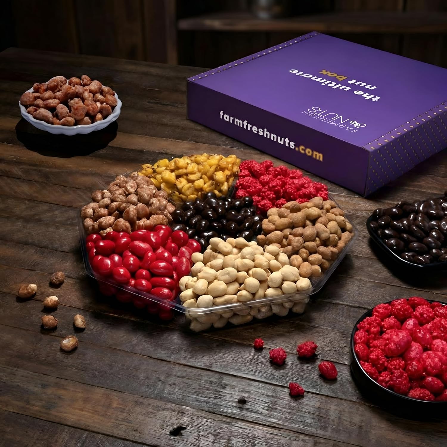 Nut And Chocolate Gift Basket - Gourmet Chocolate & Nuts Gift Basket - Thank You - Holiday Box - Get Well - Birthday Family Parties & Movie Night or as a Corporate Tray - 7 Sections