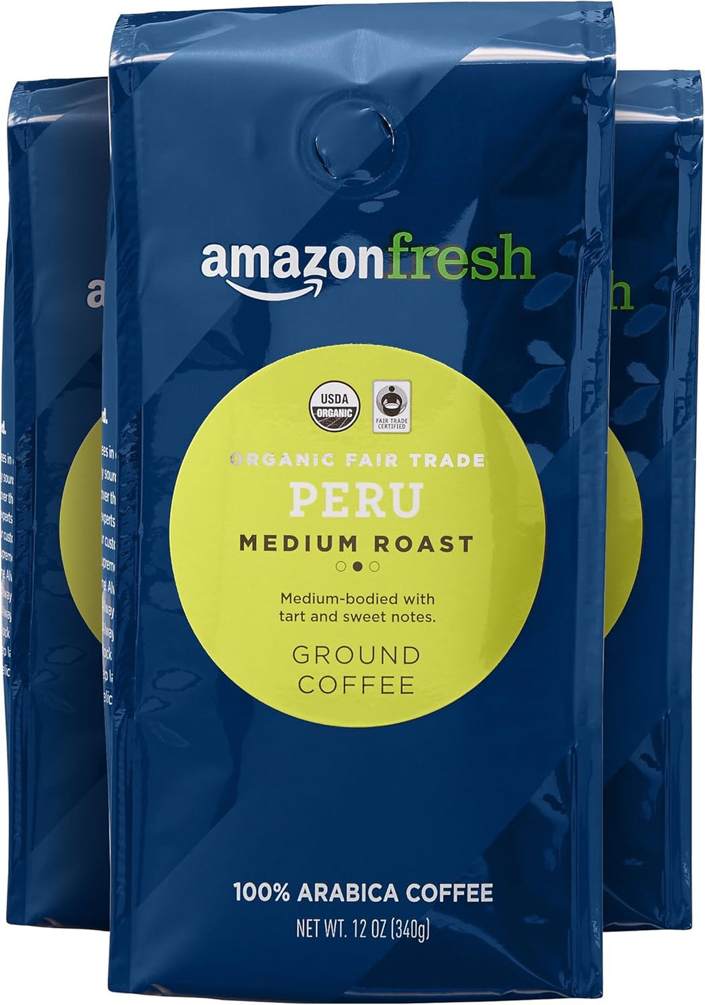 Amazon Fresh Organic Fair Trade Peru Ground Coffee, Medium Roast, 12 Ounce (Pack of 3)
