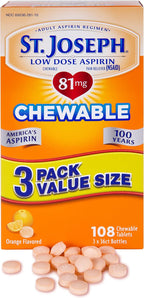 St. Joseph Aspirin Pain Reliever (NSAID) 81mg, Chewable Orange Tablets Adult Low Dose Regimen , 108 ct (3 x 36 ct Tablets per Bottle)