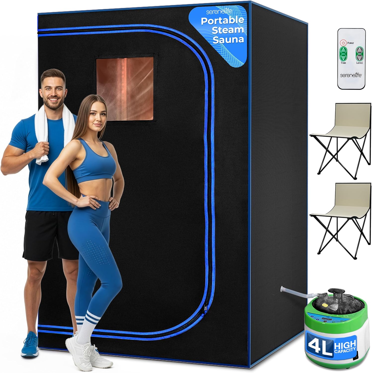 SereneLife Portable Sauna for Home, 2 Person Steam Tent with 4L Steamer 6' x 4', 2 Folding Chairs, Remote Control in-Home Spa