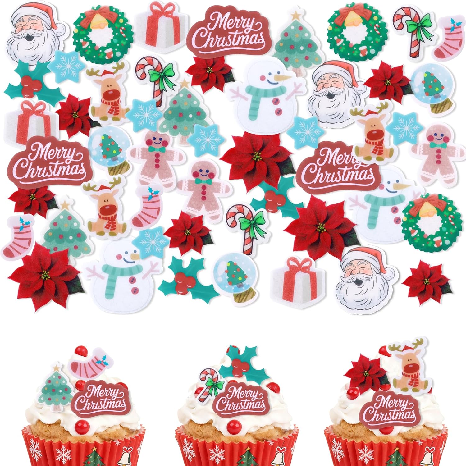 Morofme 50pcs Edible Christmas Cake Topper Christmas Cupcake Toppers Edible Santa Clause Decoration Holiday Cake Decor Wafer Christma Tree Socks Snowman Cupcake Decorations for New Years Theme Party