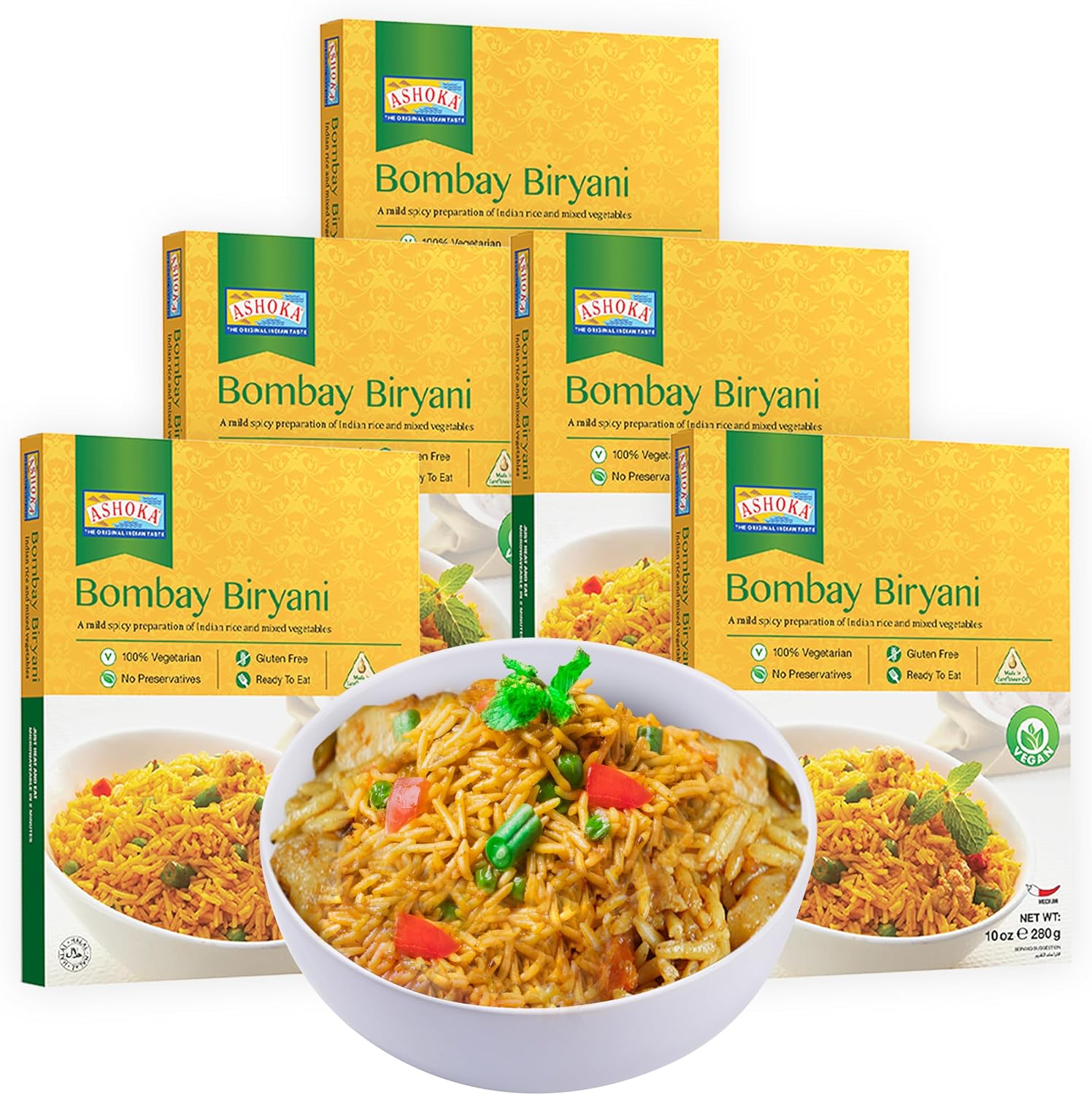 Ashoka Heat & Eat Rice 1932, Vegan Biryani Rice, All-Natural Instant Meals, Bombay Biryani, Kosher Certified Portable Lunch, Made from Aged Basmati Rice, Gluten-Free, No Preservatives, Pack of 5