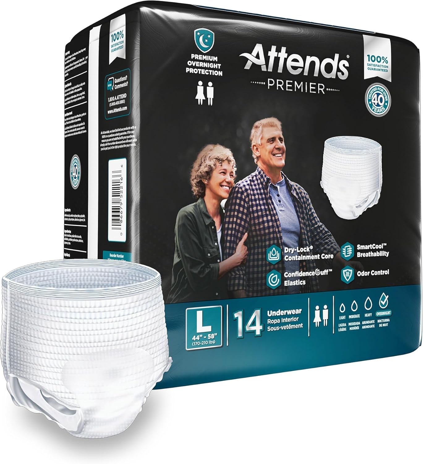 Attends Premier Adult Incontinence SmartCool® Underwear, Large (44-58"), [56 Count] - Overnight Absorbency for Men and Women, Disposable Pull-On Diapers with Tear-Away Sides, ALI-UW30