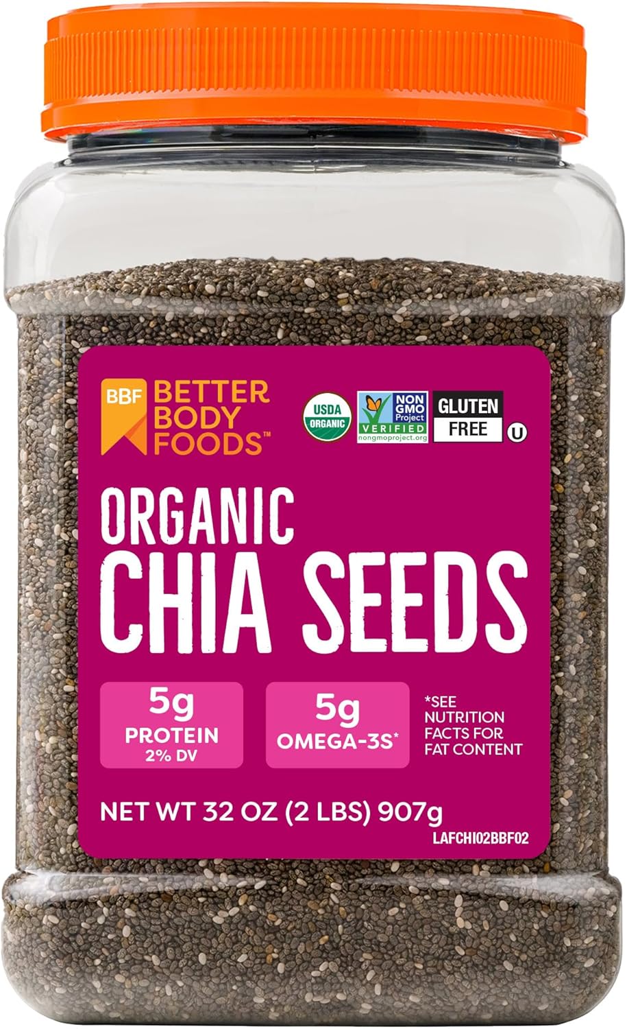 BetterBody Foods Organic Chia Seeds 2 lbs, 32 Oz, with Omega-3, Non-GMO, Gluten Free, Keto Diet Friendly, Vegan, Good Source of Fiber