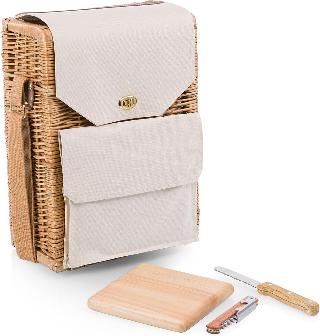 PICNIC TIME Corsica Wine and Cheese Picnic Basket, 2-Bottle Wine Tote Bag, Gift for Wine Lovers, (Beige Canvas)