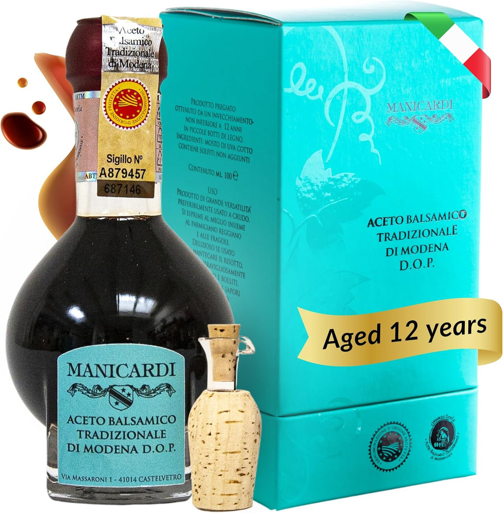 MANICARDI Traditional Balsamic Vinegar of Modena PDO Affinato Aged 12 Years - Aged Italian Vinegar Perfect for Snacks, Pasta, Vegetables, Salad Dressings, and Meat - Made in Italy, 3.38 Fl Oz (100 ml)