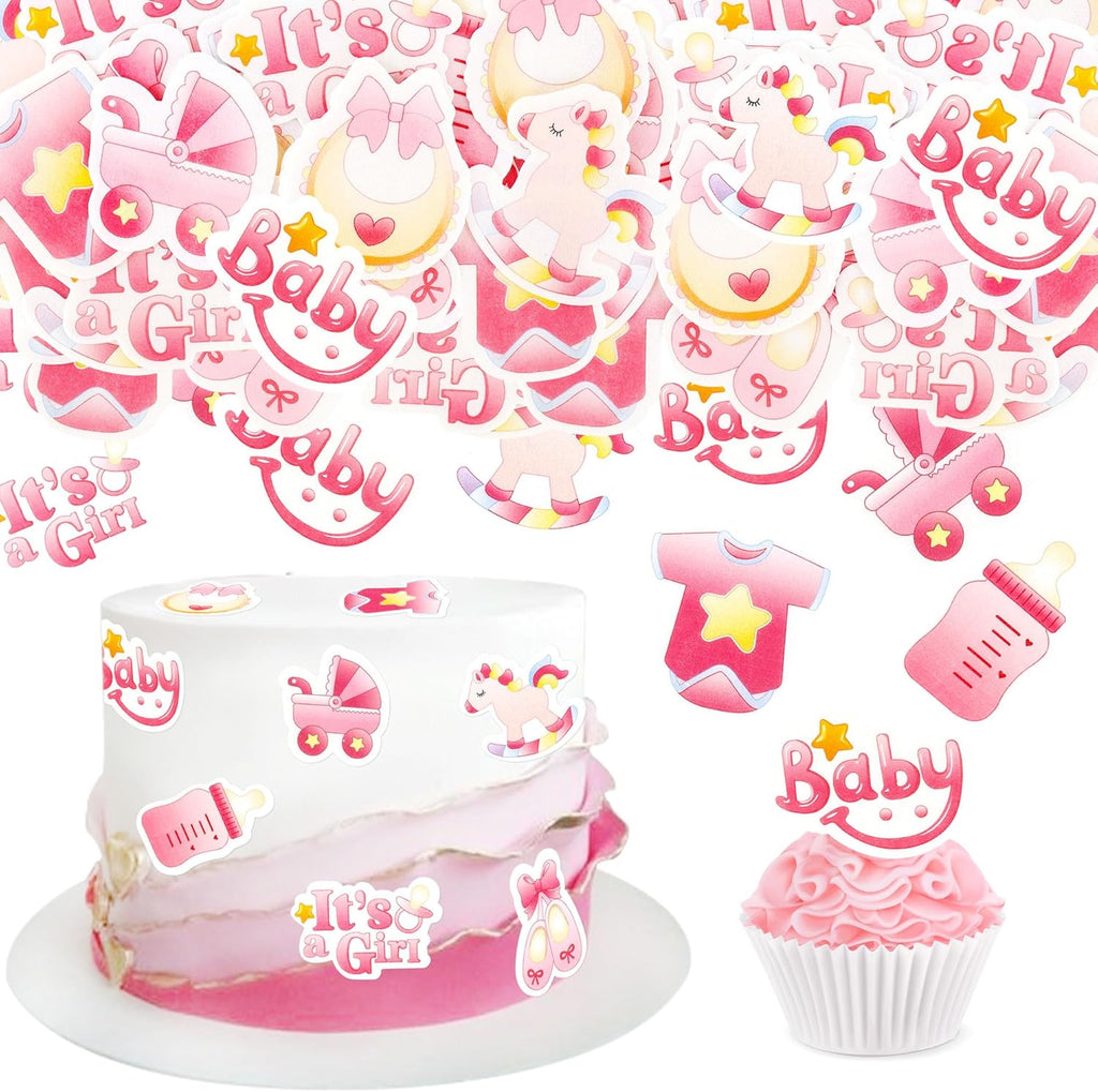 40 Pcs Edible Wafer Paper Baby Shower Cupcake toppers Picks It's a Girl Jumpsuit Bow Gender Reveal Cupcake Picks Welcome Baby Shower Cake Decor for Baby Girl Birthday Theme Party Supplies