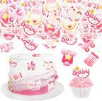40 Pcs Edible Wafer Paper Baby Shower Cupcake toppers Picks It's a Girl Jumpsuit Bow Gender Reveal Cupcake Picks Welcome Baby Shower Cake Decor for Baby Girl Birthday Theme Party Supplies