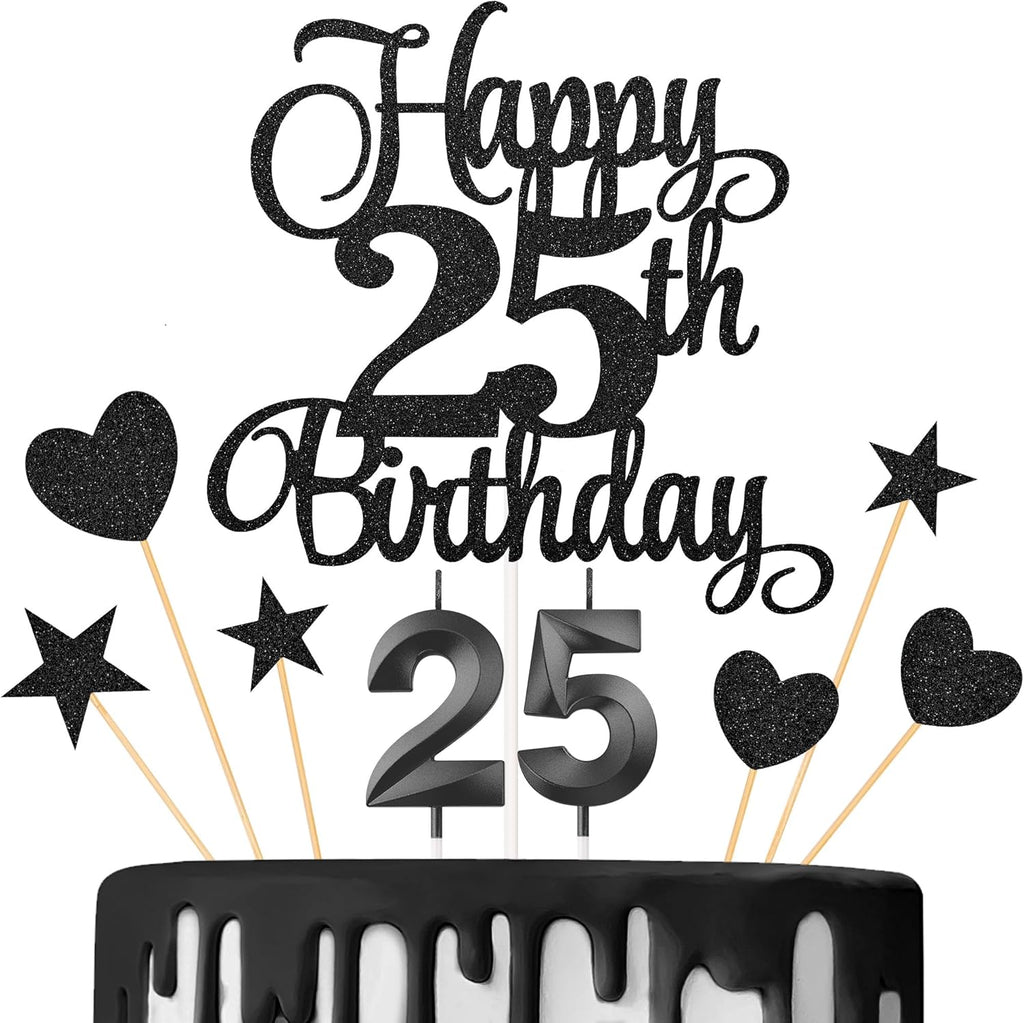25th Birthday Cake Decorations, 25th Birthday Candles Cake Numeral Candles and Glitter Happy 25th Birthday Cake Toppers Set for Birthday Party Supplies (Black)