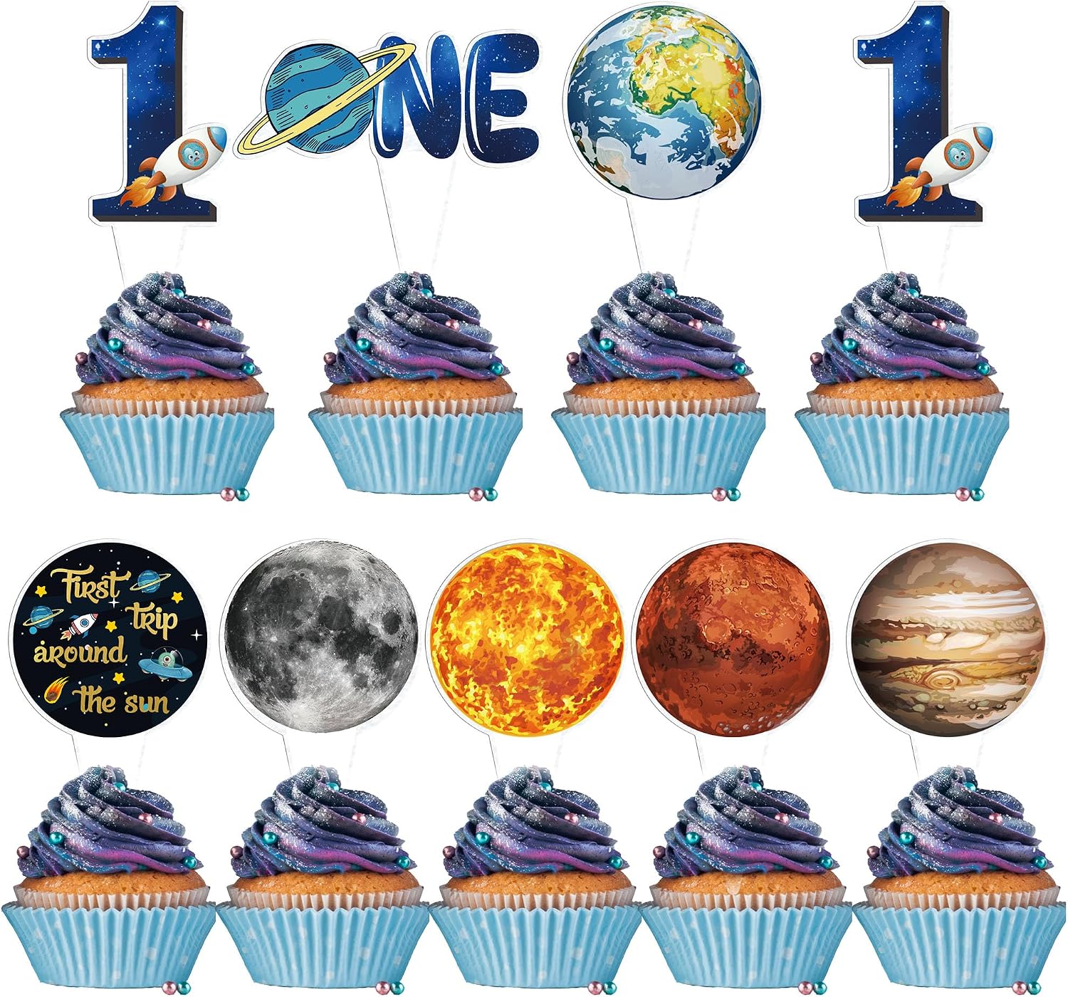 Gyufise 40Pcs First Trip Around The Sun Cake Topper 1st Birthday Cake Decorations Space Cupcake Toppers For Baby Boys Girls Planets Solar System Theme Party Supplies