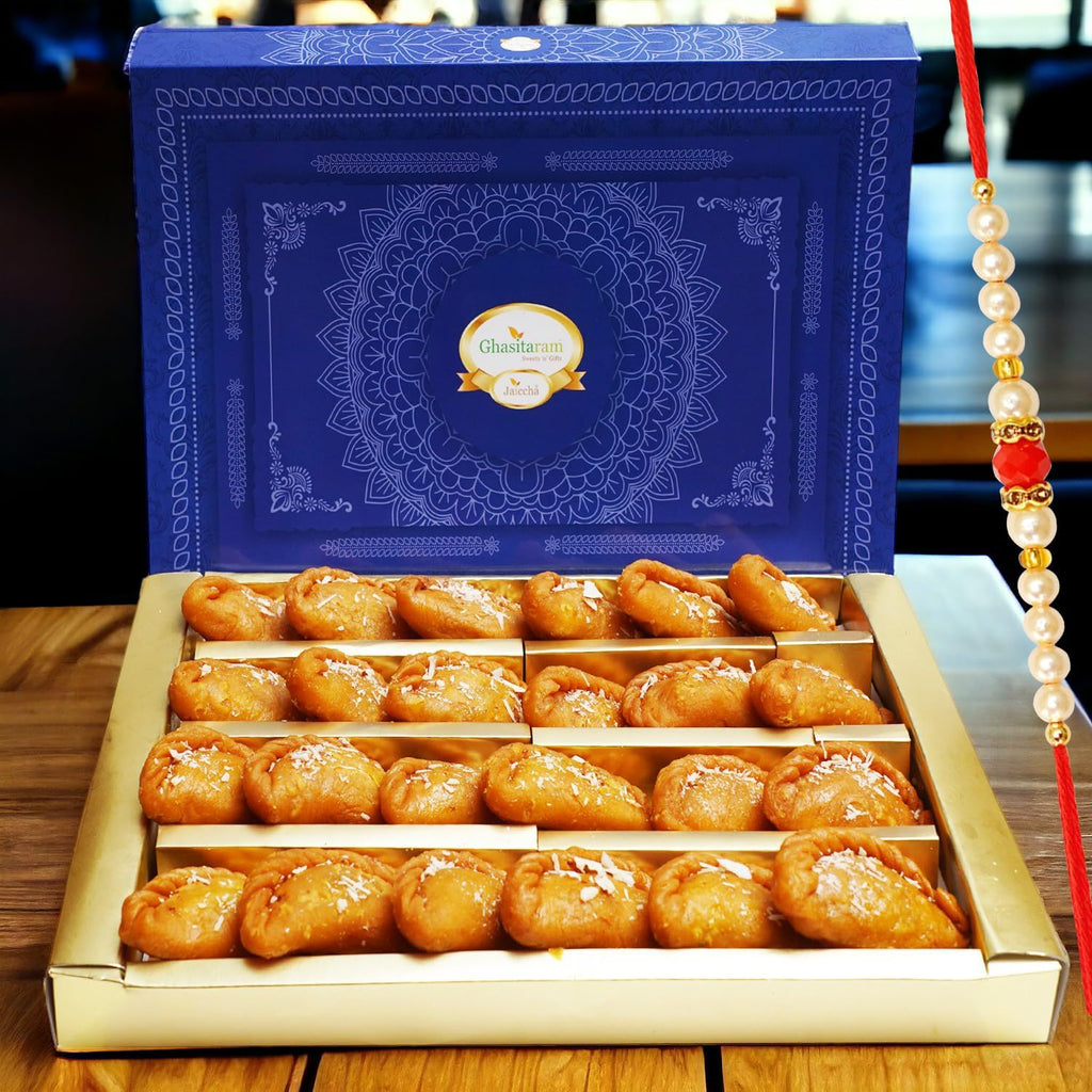 Ghasitaram Gifts Rakhi Gifts for Brothers Rakhi Sweets - Gujiya Box (800 GMS) with Beads Rakhi