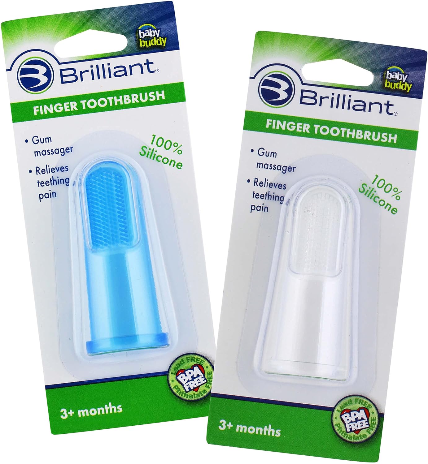 Brilliant Baby Finger Toothbrush - Silicone Gum Massager and Teether Brush for Infant-Toddler, 3 Months Old and Up, Blue/Clear, 2 Count
