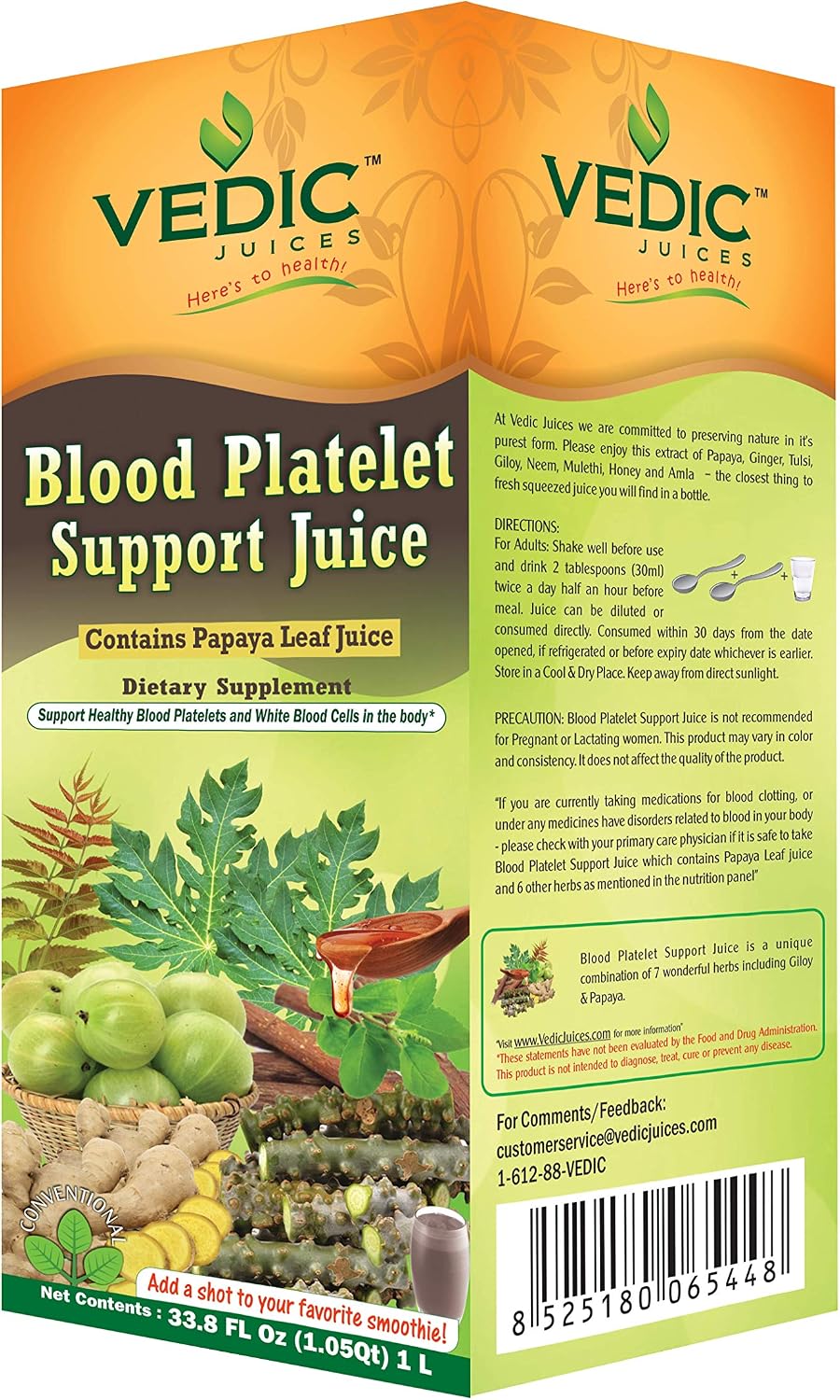 Vedic Juice Papaya Leaf + Flavor Papaya - Blood Platelet Juice - Supports Immune & Digestive Enzyme Health - 33.8oz, Ideal for Daily Use