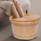 9 Inch Deep Foot Basin Wooden Bucket Foot Bath Massage with Cover Plate and Massager, Solid Wood Handmade Wooden Foot Basin Set for Soaking Feet Spa Foot Care, Brown