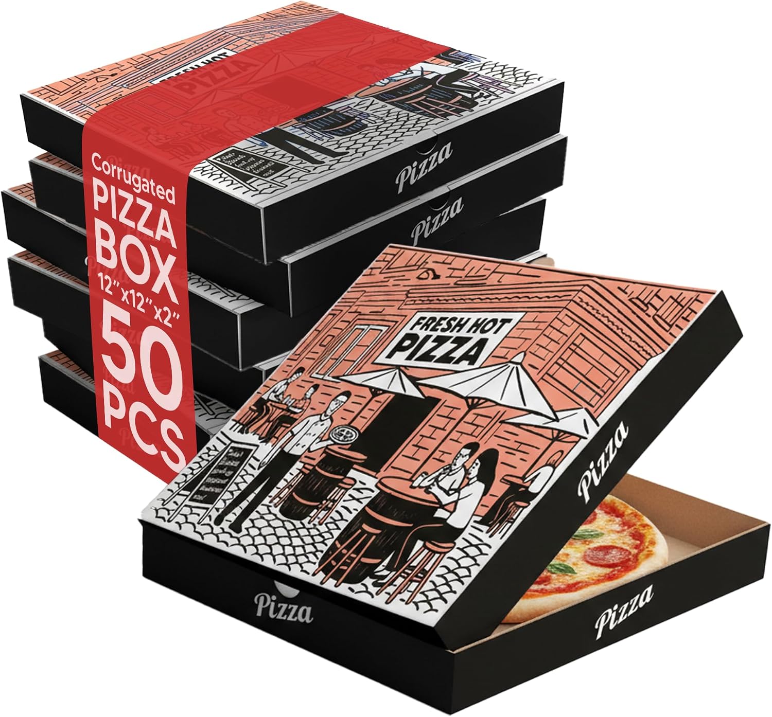 BULK Disposable Pizza Boxes 50 Pack | 12 Inch | Brown Kraft or White | E-Flute | Designed - Fresh Hot Pizza