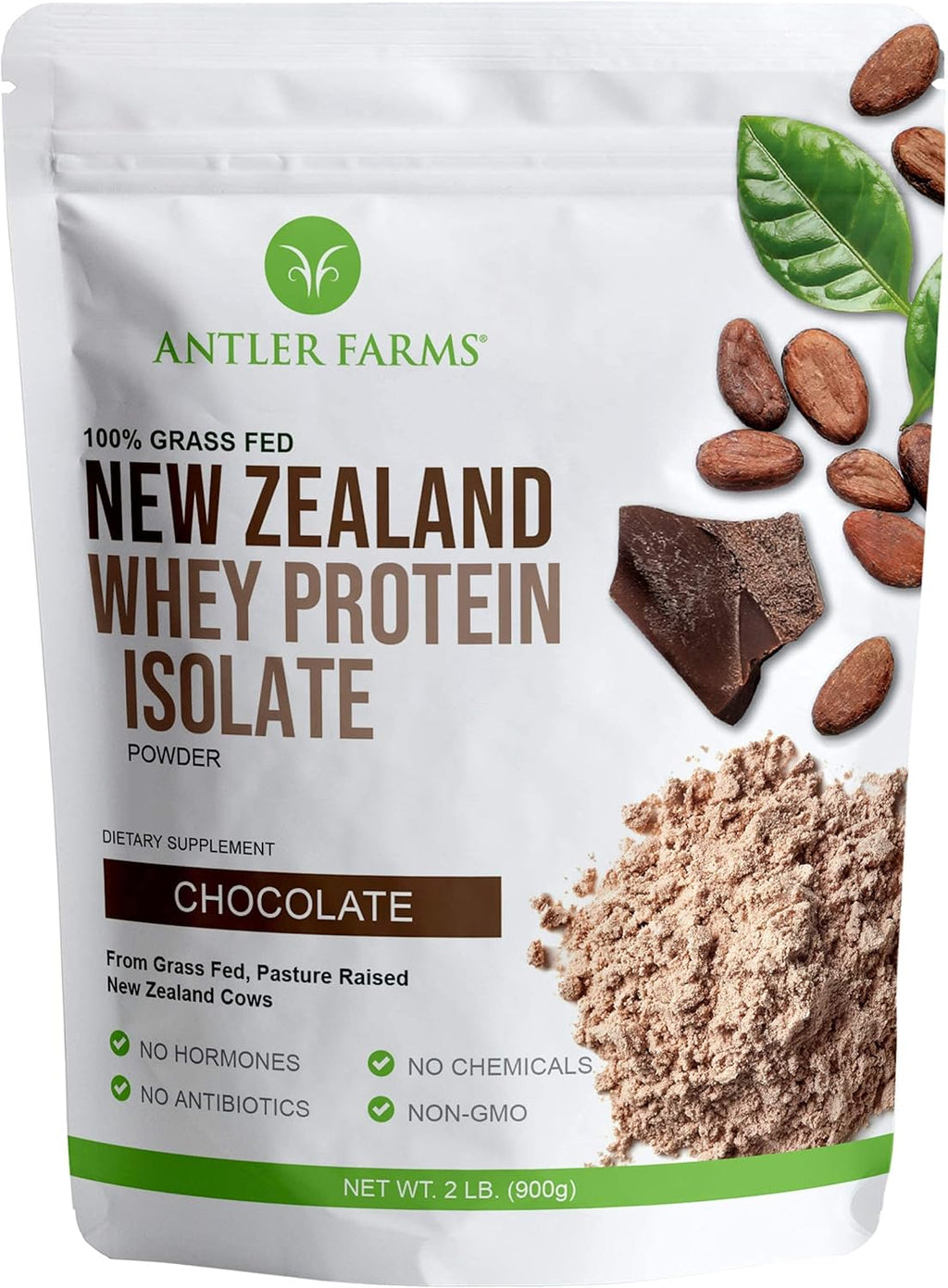 Antler Farms - 100% Grass Fed New Zealand Whey Protein Isolate, Chocolate Flavor, 2 lbs - Pure and Clean, 4 Ingredients, Delicious, Cold Processed