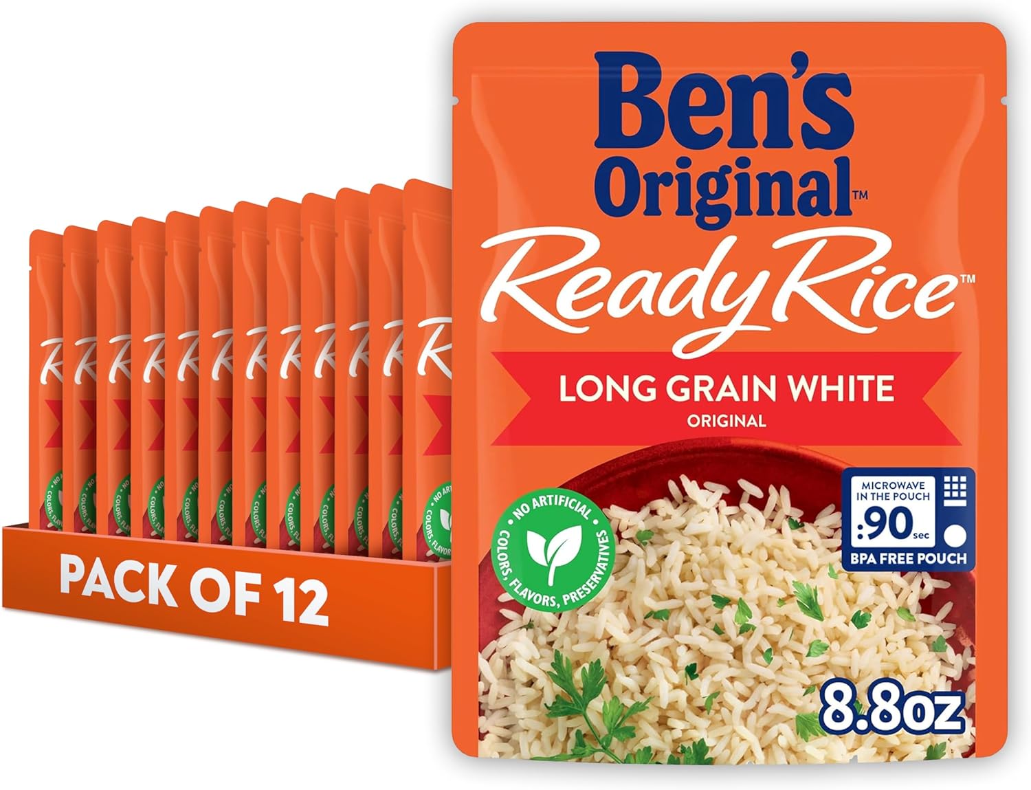 BEN'S ORIGINAL Ready Rice Original Long Grain White Rice, Easy Dinner Side, 8.8 oz Pouch (Pack of 12)