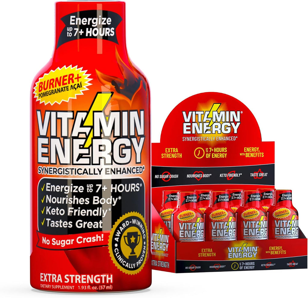 Vitamin Energy Burner+ Extra Strength Energy Shot Pomegranate Açaí 8 Pack, 260mg Natural Caffeine, 25mg Ketones, Green Tea, EGCG, Metabolism, Endurance, Zero Sugar, Gluten-Free, Vegan, 1.93 fl oz
