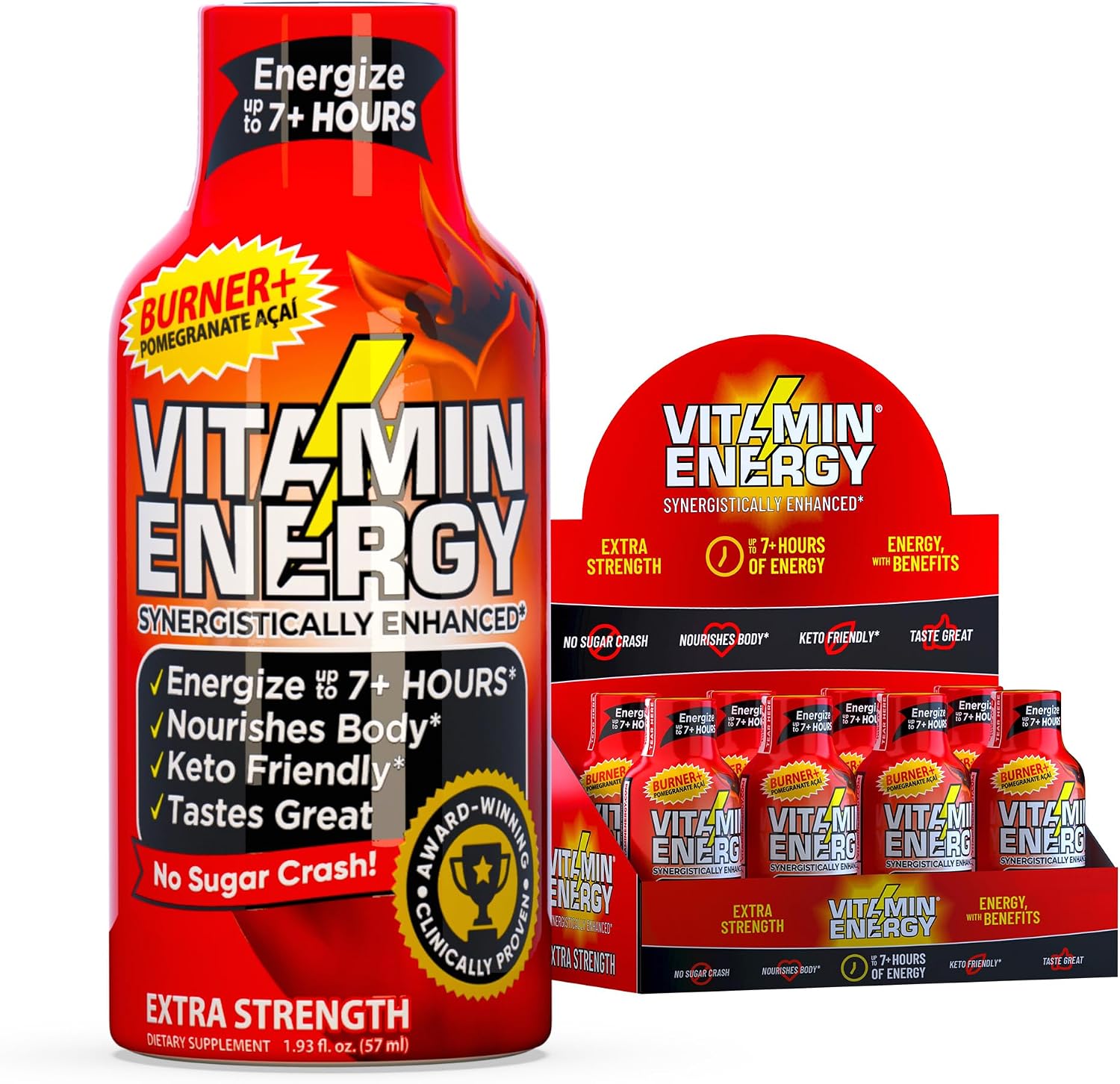 Vitamin Energy Burner+ Extra Strength Energy Shot Pomegranate Açaí 8 Pack, 260mg Natural Caffeine, 25mg Ketones, Green Tea, EGCG, Metabolism, Endurance, Zero Sugar, Gluten-Free, Vegan, 1.93 fl oz
