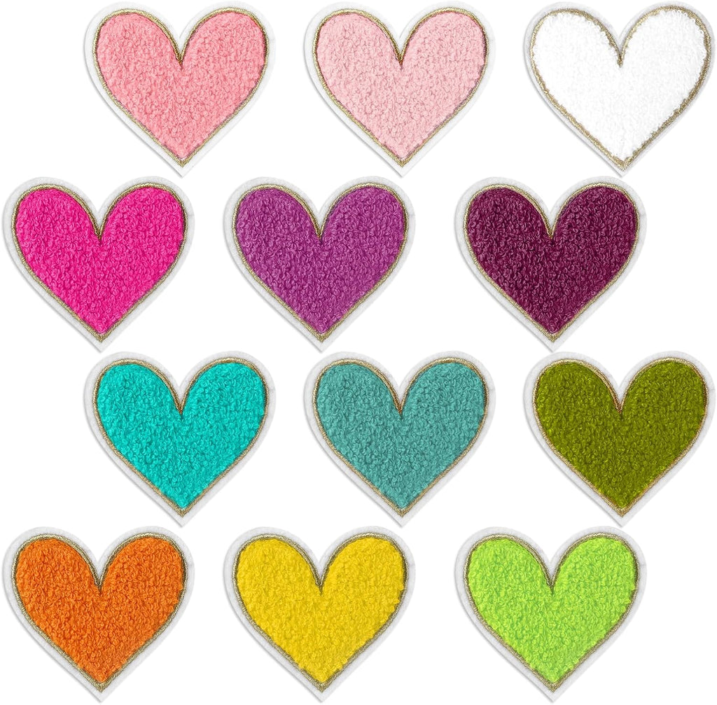 12pcs Heart Shaped Iron on Patches,2.95 x 2.76inch Colorful Embroidered Iron on Patch,Chenille Patches for Clothing,Heart Shape Sew on Patch for Clothes Jackets Jeans Hats Bags
