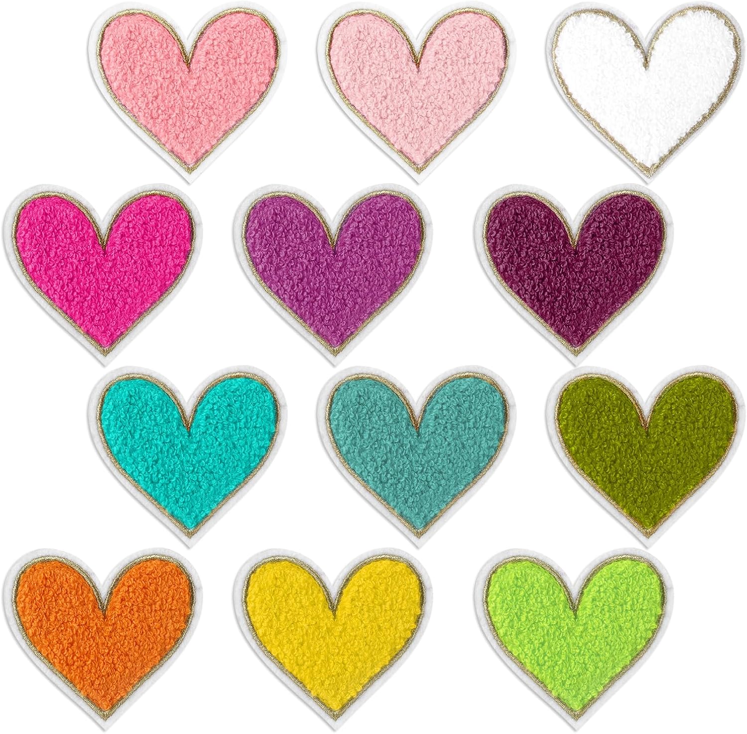 12pcs Heart Shaped Iron on Patches,2.95 x 2.76inch Colorful Embroidered Iron on Patch,Chenille Patches for Clothing,Heart Shape Sew on Patch for Clothes Jackets Jeans Hats Bags