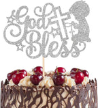 Rsstarxi 1 Pack God Bless Cake Topper Baptism Cake Decoration God Bless Boy First Communion Cake Pick for Baptism Baby Shower Birthday Party Decorations Supplies Silver