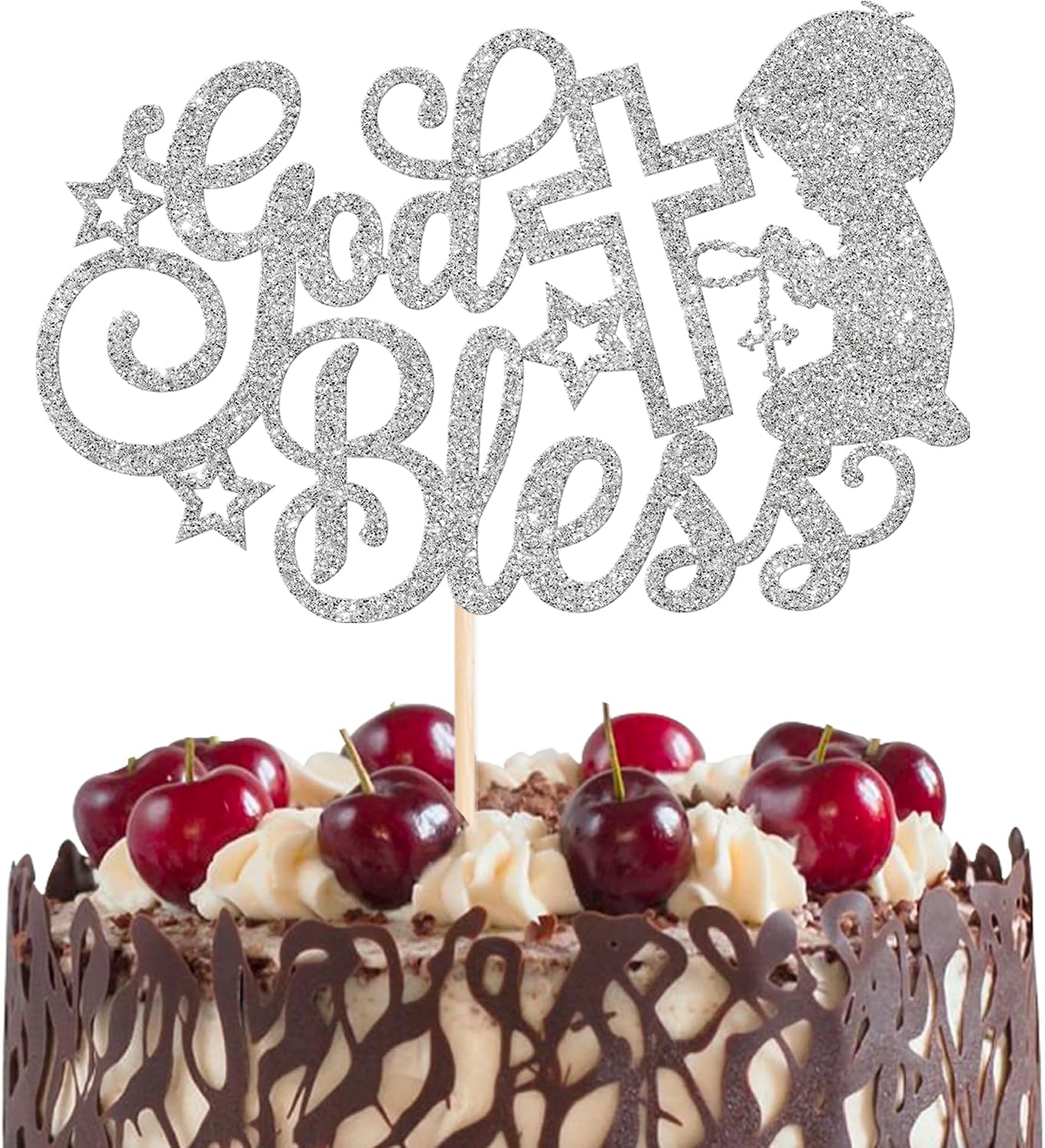 Rsstarxi 1 Pack God Bless Cake Topper Baptism Cake Decoration God Bless Boy First Communion Cake Pick for Baptism Baby Shower Birthday Party Decorations Supplies Silver