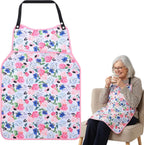 Adult Bibs for Women, Flower Pattern Adult Bibs for Seniors with Top Pocket Crumb Catcher, Waterproof Reusable Bib for Eating, Clothing Protector(Pink)