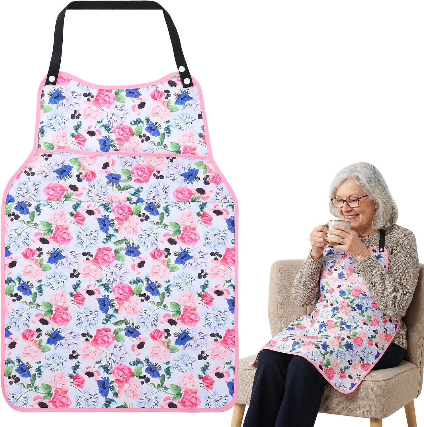 Adult Bibs for Women, Flower Pattern Adult Bibs for Seniors with Top Pocket Crumb Catcher, Waterproof Reusable Bib for Eating, Clothing Protector(Pink)