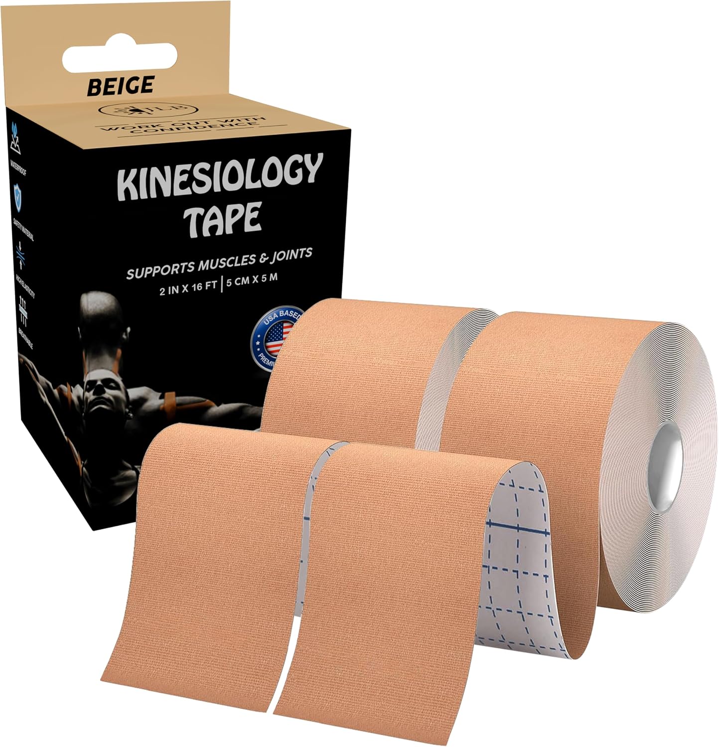 JLB Kinesiology Tape – 2 Rolls (16ft Each) – Strong Adhesion, Waterproof & Sweatproof – Latex-Free Sports Tape for Pain Relief, Muscle Support & Recovery – Physical Therapy & Athletic Tape (Beige)
