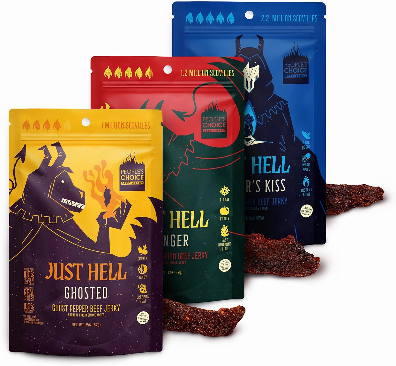 People’s Choice Beef Jerky - Just Hell Spicy – Ghost Pepper, Scorpion & Carolina Reaper – Real Chile Heat, No Extracts – Warning: Very Spicy - 2.0 OZ (3-Pack)