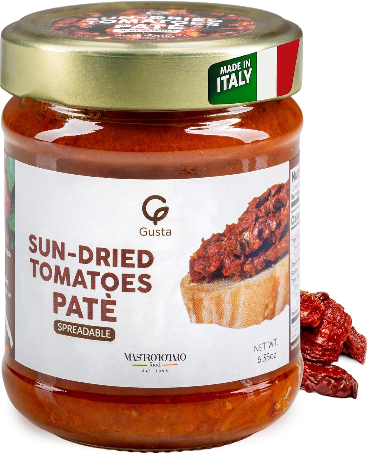 Gusta Sun-Dried Tomato Pate - Made in Italy Dip or Spread - Paste of Sundried Tomatoes in Jar with Extra Virgin Olive Oil - Non-GMO, All Natural - Perfect for Tomato Pesto - 6.35oz Glass Jar