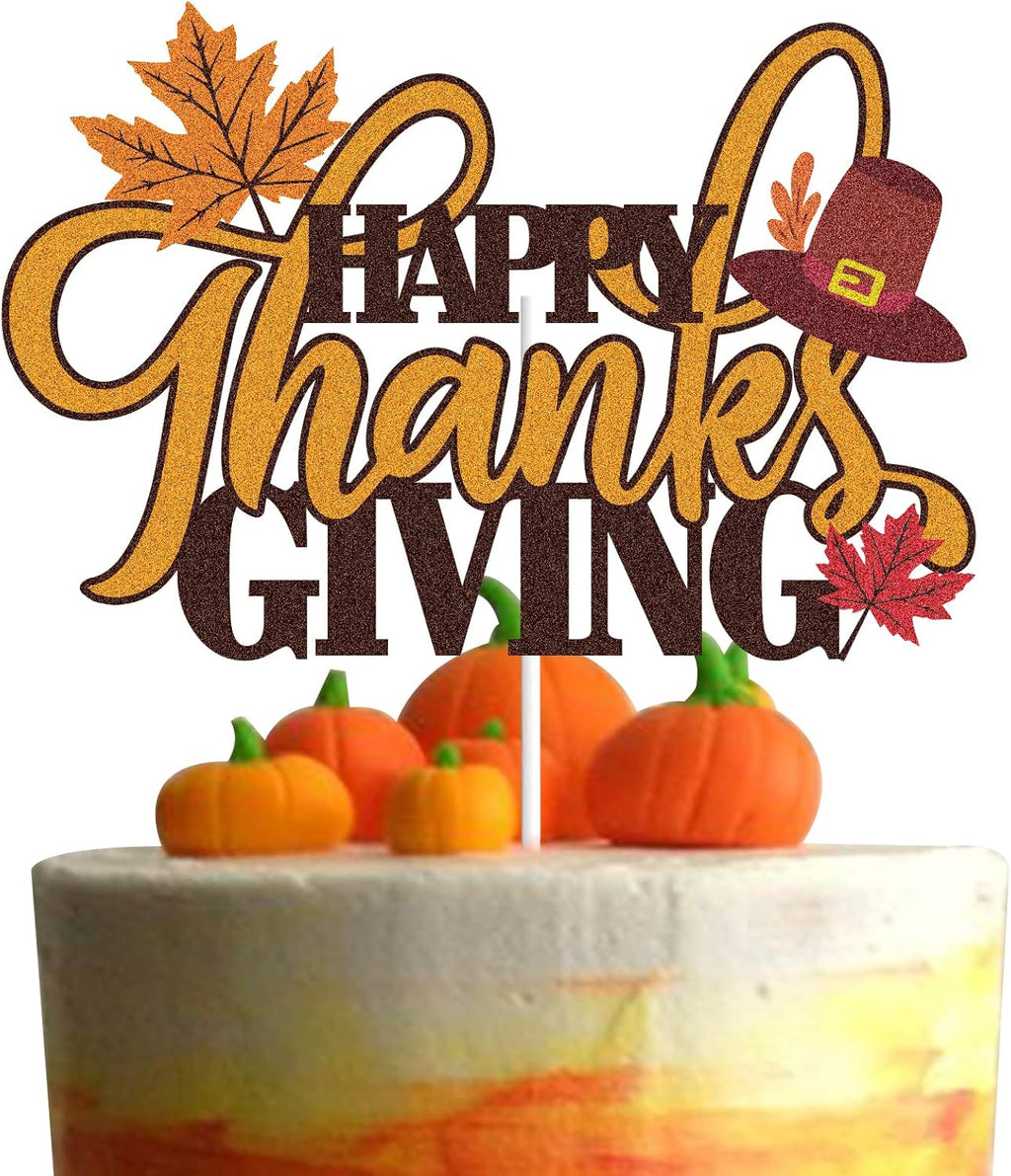 Happy Thanksgiving Cake Topper Happy Fall Day Autumn Fall Harvest Maple Pumpkin Give Thanks Friends Party Decorations Supplies