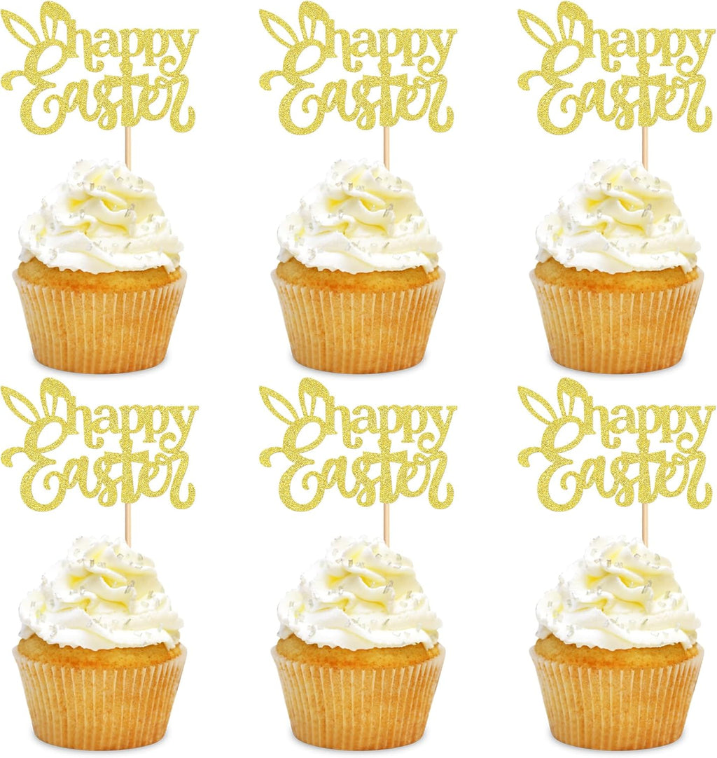 24 PCS Easter Happy Cupcake Toppers Golden Rabbit Cross Egg Easter Cupcake Toppers Selection Easter Rabbit Theme Cake Decoration Happy Birthday Party Decoration Supplies