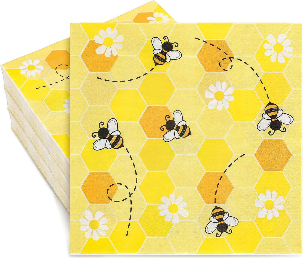 Whaline Bee Paper Napkins 6.5 x 6.5 Inch Bumblebee Daisies Print Disposable Luncheon Napkins Yellow Honeycomb Lunch Napkin for World Bee Day Spring Summer Dinner Buffet Tableware Supplies, 80 Pack