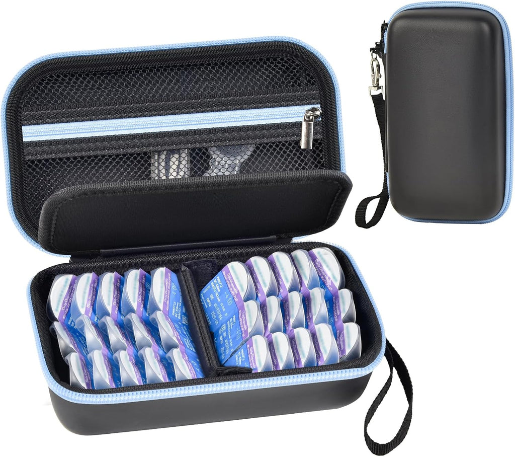 Daily Contact Lens Case Fits 30+ Disposable Daily Lenses, Portable Contact Lens Storage Organizer with Mesh Pocket, Travel Contact Solution for All Brand Cosmetic Lens & Accessories -Black (Case Only)