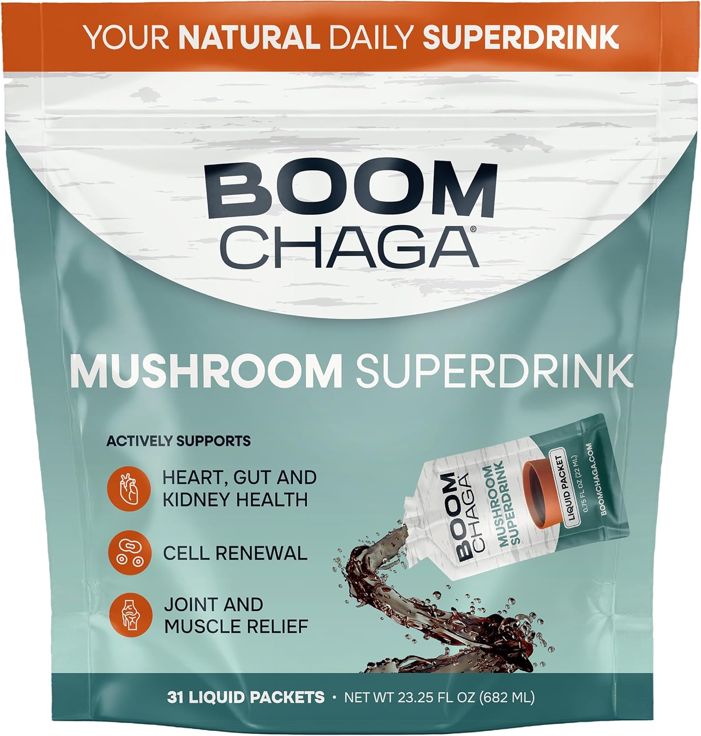 Mushroom Superdrink | Chaga Mushroom Extract Liquid Concentrate with Antioxidants for Immunity Boost, Beta-Glucans for Heart Health, Oxalate-Free, 31 Single-Serving Packets
