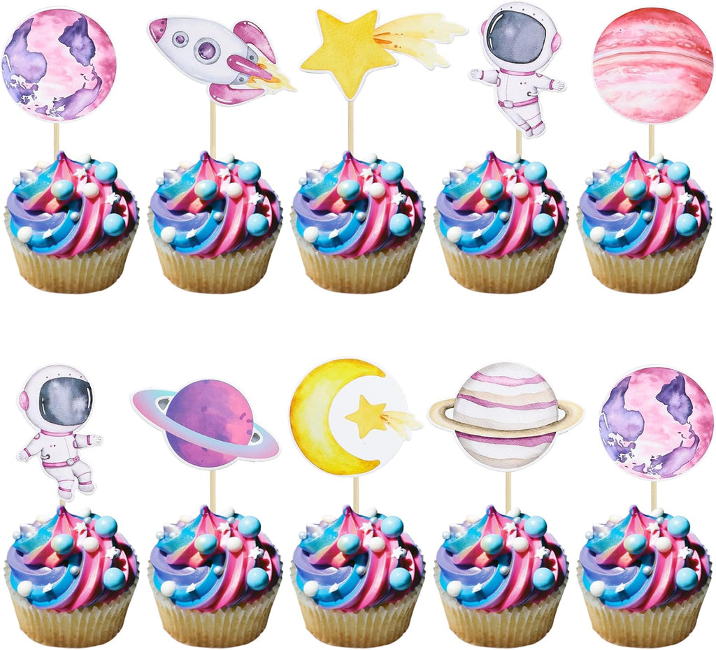 Ephlyn 36Pcs Space Astronaut Cupcake Toppers Space Girl Moon Star Rocket Planet Cupcake Toppers Earth Planet Cupcake Picks Space Theme Gender Reveal Birthday Shower Party Supplies Pink