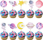 Ephlyn 36Pcs Space Astronaut Cupcake Toppers Space Girl Moon Star Rocket Planet Cupcake Toppers Earth Planet Cupcake Picks Space Theme Gender Reveal Birthday Shower Party Supplies Pink