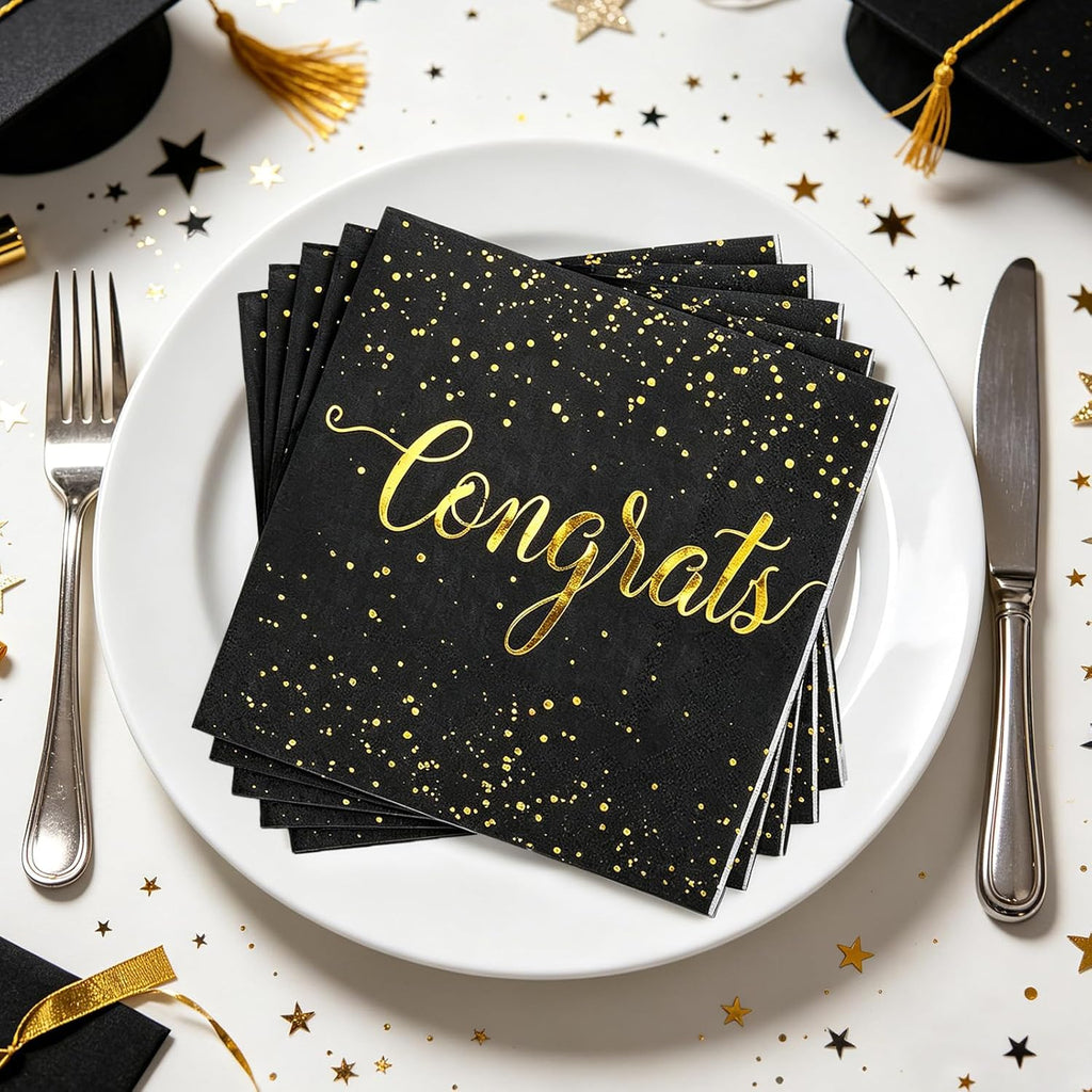 Whaline 80 Pack Congratulations Paper Napkins 5 x 5 Inch Gold Foil Congrats Cocktail Napkins Black Graduation Party Disposable Beverage Napkins for Engagement Graduation Baby Shower Celebration Party
