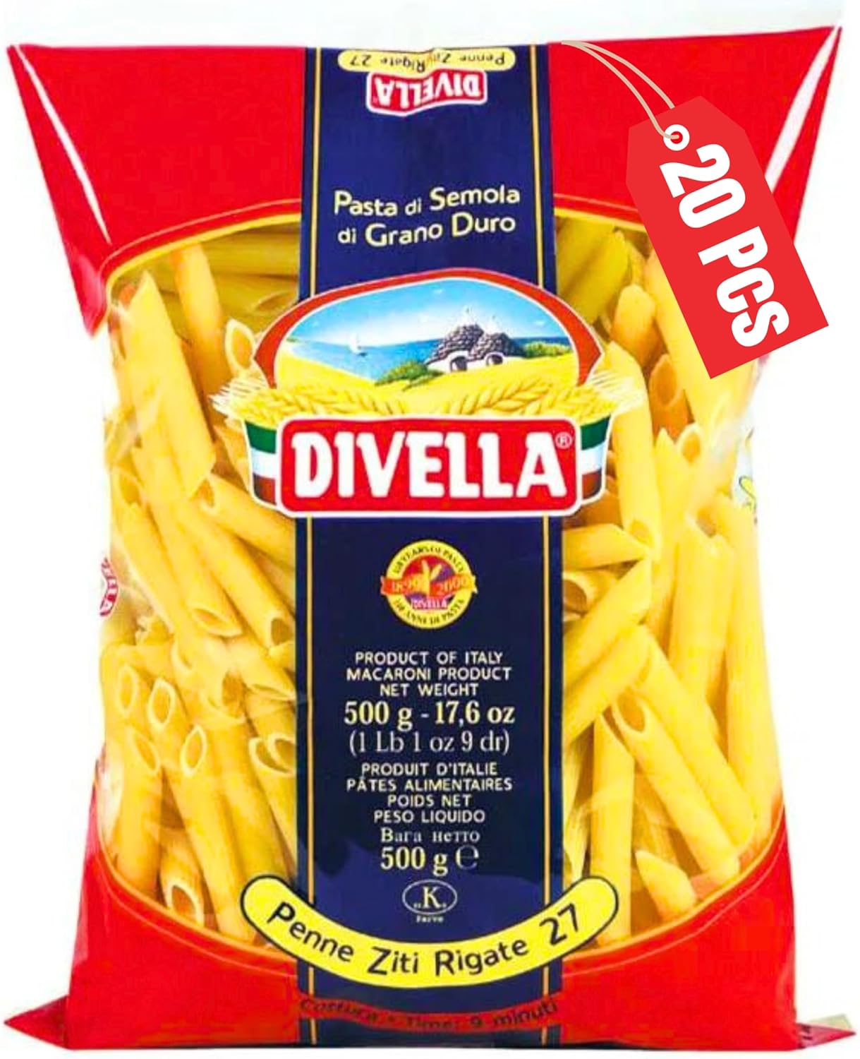 DIVELLA Penne Rigate #27, 16 Oz. (Pack of 20) - Authentic Italian Pasta Made with Durum Wheat Semolina, Perfect 'Al Dente' Texture for Every Dish