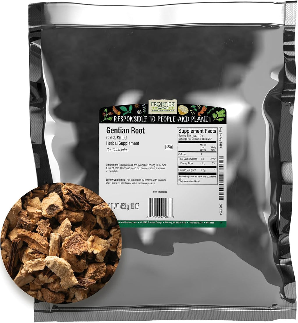 Frontier Co-op Gentian Root, Cut & Sifted, 1lb Bulk Bag - Natural Dried Herb - Bitter Taste - Ideal for Gentian Root Tea & Herbal Blends, Kosher