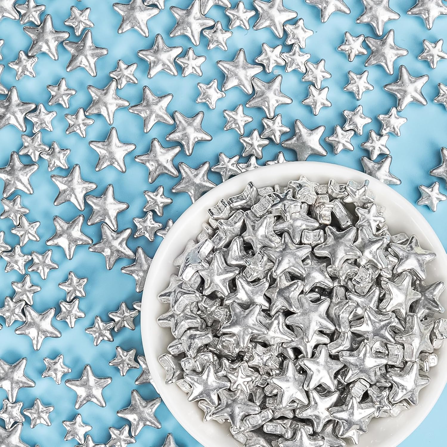 Silver Star Sprinkles,130g Mix Size,Edible Candy Star Sprinkle for Cake Decorations,,Sugar Decorations for Baking,Ice Cream,Cookies,Dessert,Donuts,Cupcake Toppers,Birthday Wedding Party Mother's Day Easter Supplies