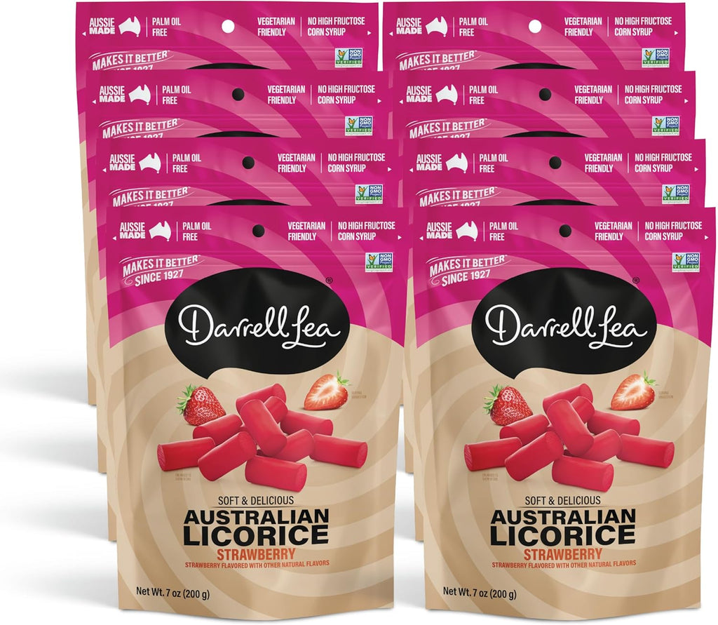 Darrell Lea Soft Australian Licorice, Non-GMO, No Palm Oil, Vegetarian Friendly, No High Fructose Corn Syrup, Soft & Chewy Licorice Candy, Made in Australia (Strawberry, 7 Ounce (Pack of 8))