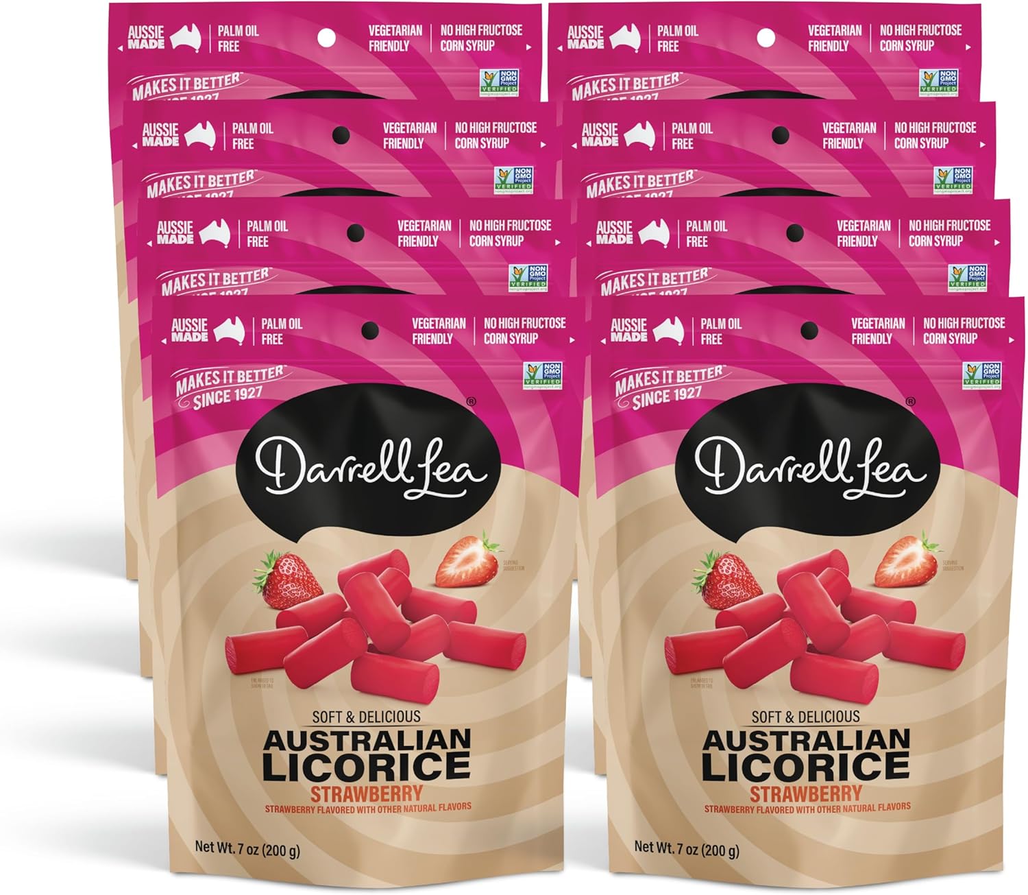 Darrell Lea Soft Australian Licorice, Non-GMO, No Palm Oil, Vegetarian Friendly, No High Fructose Corn Syrup, Soft & Chewy Licorice Candy, Made in Australia (Strawberry, 7 Ounce (Pack of 8))