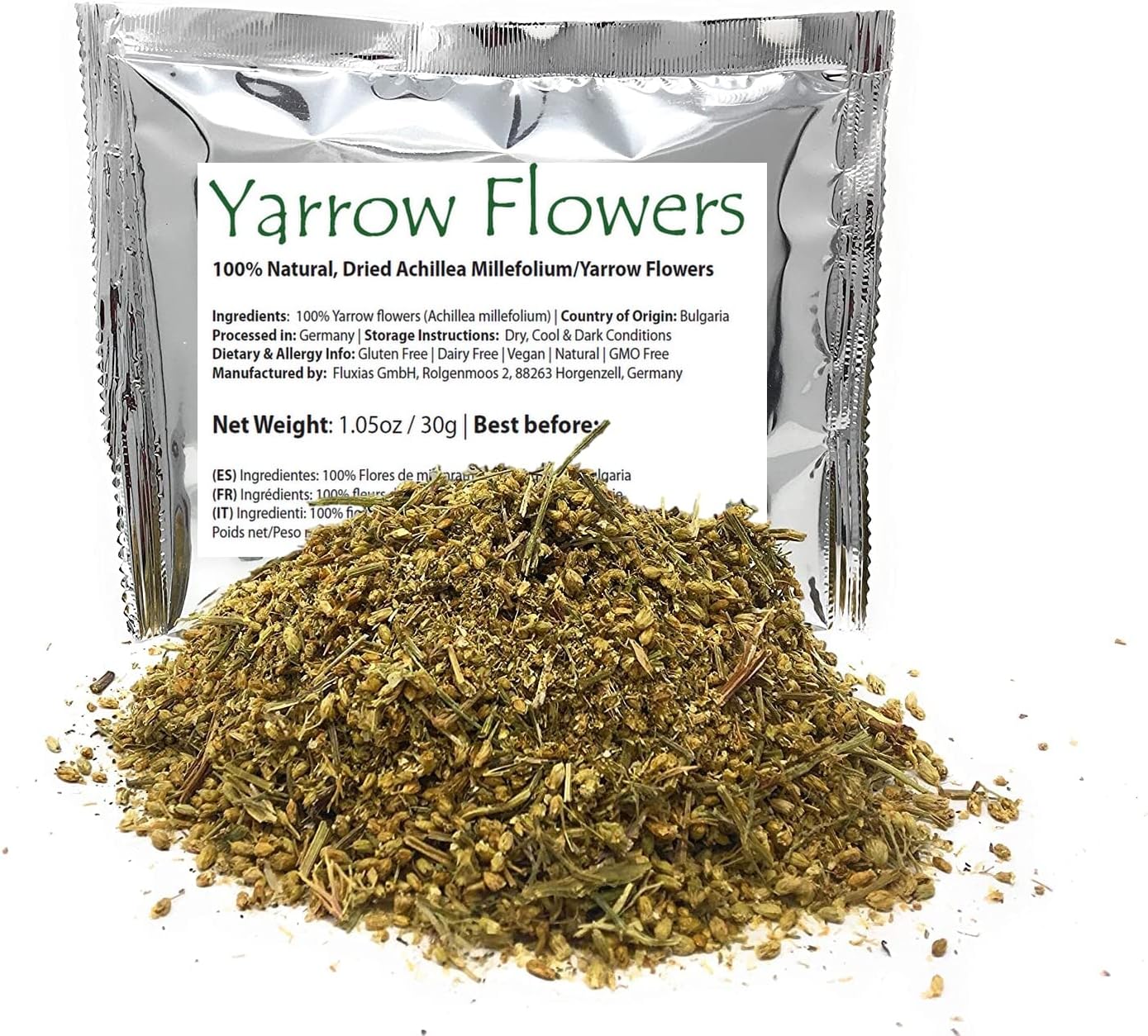 Yarrow Flower Tea - Ingredients: 100% Yarrow Flowers (Achillea Millefolium) - All Natural Ayurveda Herb - Net Weight: 1.05oz / 30g (Yarrow Flowers)